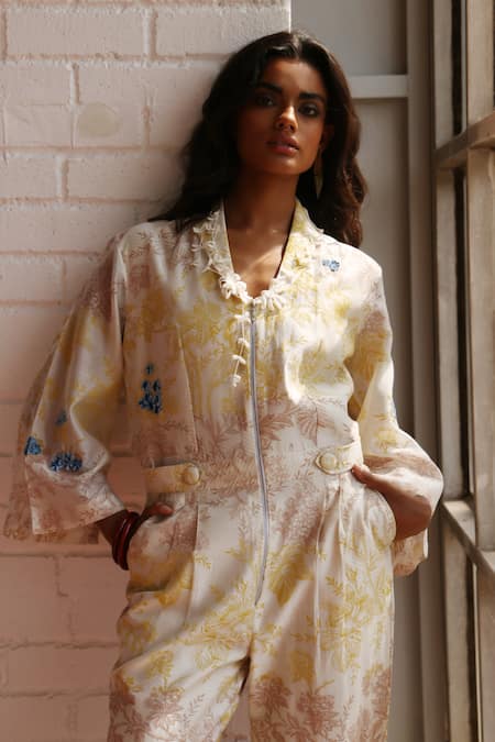 Prama By Pratima Pandey_Ivory Chanderi Embroidery Mandarin Collar Floral Print Jumpsuit _Online_at_Aza_Fashions