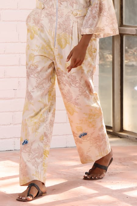 Shop_Prama By Pratima Pandey_Ivory Chanderi Embroidery Mandarin Collar Floral Print Jumpsuit _Online_at_Aza_Fashions