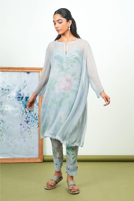 Sage Saga_Gray Chiffon, Crepe Embroidery Round Neck Holly Printed Phiran Kurta Set _Online_at_Aza_Fashions