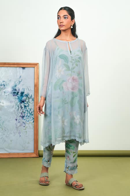 Buy_Sage Saga_Gray Chiffon, Crepe Embroidery Round Neck Holly Printed Phiran Kurta Set _Online_at_Aza_Fashions