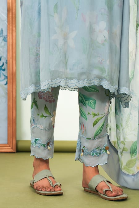 Shop_Sage Saga_Gray Chiffon, Crepe Embroidery Round Neck Holly Printed Phiran Kurta Set _Online_at_Aza_Fashions