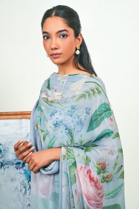 Sage Saga_Gray Chiffon, Crepe Embroidery Round Neck Holly Printed Phiran Kurta Set _at_Aza_Fashions