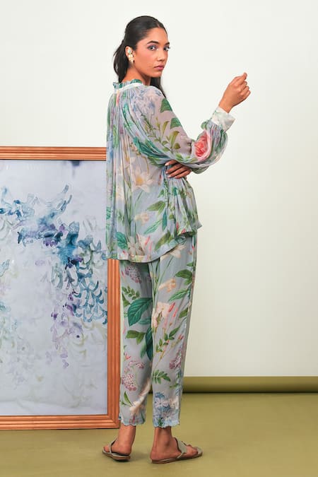 Sage Saga_Green Chiffon, Crepe Round Neck Holly Printed Shirt And Pant Set _Online_at_Aza_Fashions