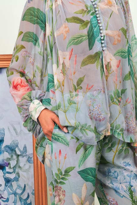 Buy_Sage Saga_Green Chiffon, Crepe Round Neck Holly Printed Shirt And Pant Set _Online_at_Aza_Fashions