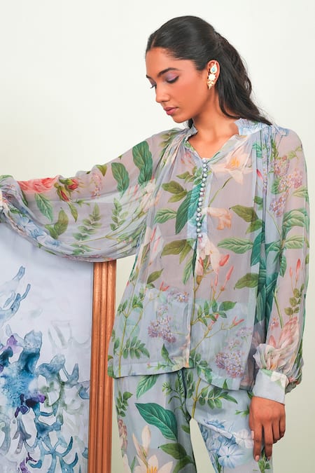Shop_Sage Saga_Green Chiffon, Crepe Round Neck Holly Printed Shirt And Pant Set _Online_at_Aza_Fashions