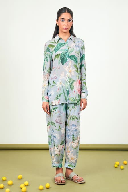 Buy_Sage Saga_Gray Crepe Collared Holly Leaf Print Shirt With Pant _Online_at_Aza_Fashions