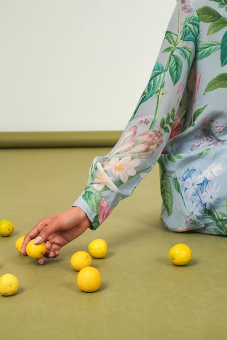 Shop_Sage Saga_Gray Crepe Collared Holly Leaf Print Shirt With Pant _Online_at_Aza_Fashions