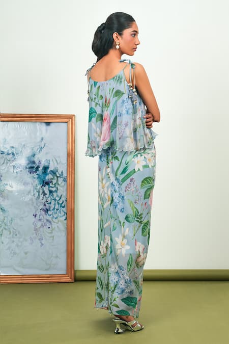 Sage Saga_Gray Chiffon, Crepe, Silk Tassels Round Neck Holly Printed Top And Dhoti Skirt Set _Online_at_Aza_Fashions