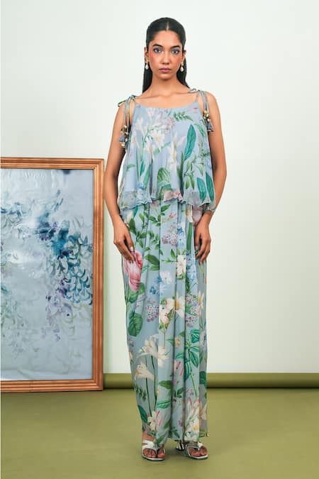 Sage Saga Gray Chiffon, Crepe, Silk Tassels Round Neck Holly Printed Top And Dhoti Skirt Set 