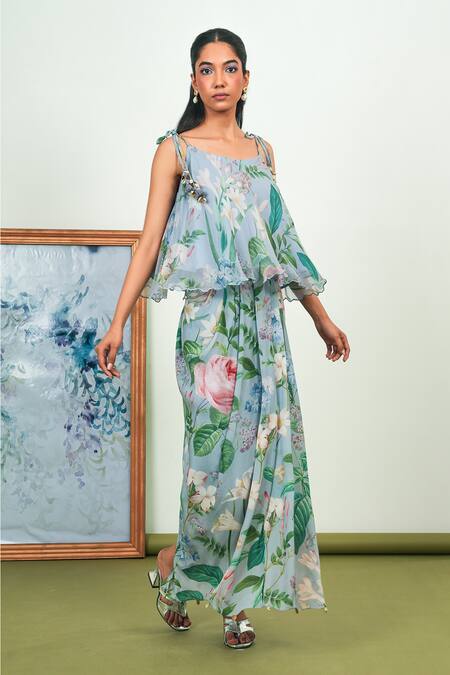 Buy_Sage Saga_Gray Chiffon, Crepe, Silk Tassels Round Neck Holly Printed Top And Dhoti Skirt Set _Online_at_Aza_Fashions