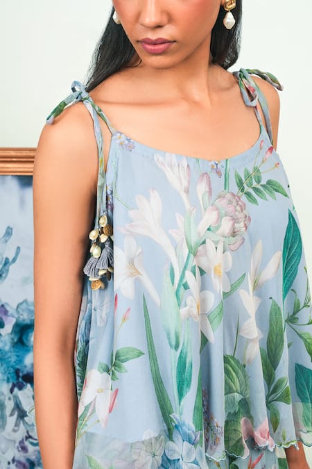 Shop_Sage Saga_Gray Chiffon, Crepe, Silk Tassels Round Neck Holly Printed Top And Dhoti Skirt Set _Online_at_Aza_Fashions