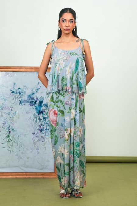 Sage Saga_Gray Chiffon, Crepe, Silk Tassels Round Neck Holly Printed Top And Dhoti Skirt Set _at_Aza_Fashions