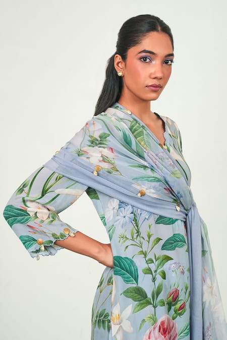 Sage Saga_Gray Crepe, Chiffon Embroidery Split V-neck Holly Floral Print Kurta Set _Online_at_Aza_Fashions