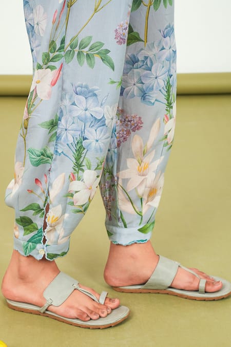 Shop_Sage Saga_Gray Crepe, Chiffon Embroidery Split V-neck Holly Floral Print Kurta Set _Online_at_Aza_Fashions