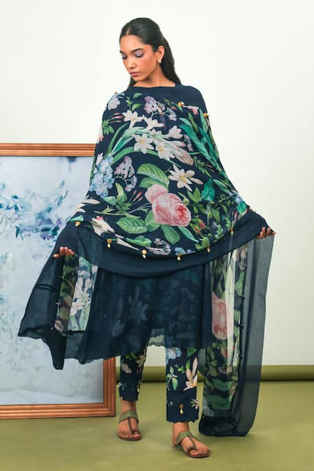 Buy_Sage Saga_Blue Chiffon, Crepe Embroidery Keyhole Neck Floral Print Phiran Kurta Set _Online_at_Aza_Fashions