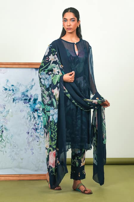 Sage Saga Blue Chiffon, Crepe Embroidery Keyhole Neck Floral Print Phiran Kurta Set