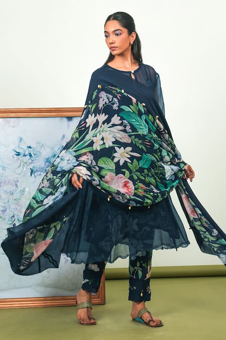 Sage Saga_Blue Chiffon, Crepe Embroidery Keyhole Neck Floral Print Phiran Kurta Set _at_Aza_Fashions