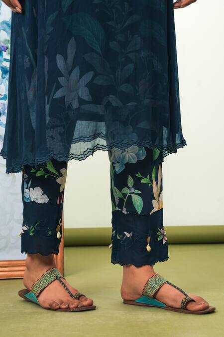 Buy_Sage Saga_Blue Chiffon, Crepe Embroidery Keyhole Neck Floral Print Phiran Kurta Set 