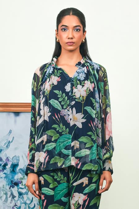 Sage Saga_Blue Chiffon, Crepe V-neck Floral Print Shirt With Pant _Online_at_Aza_Fashions