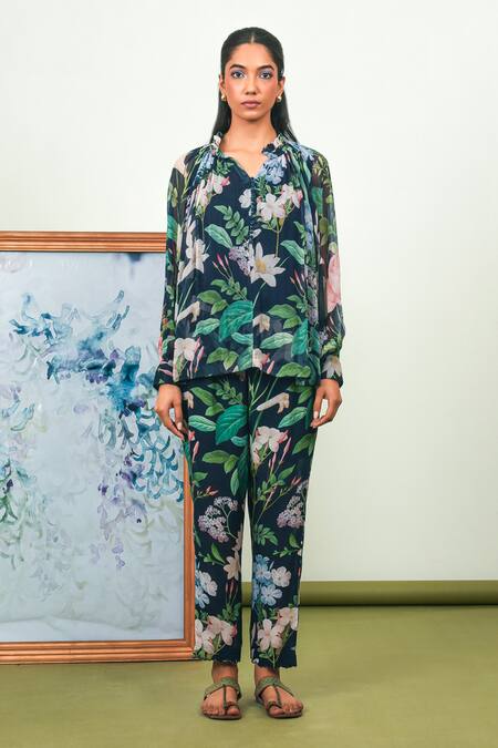 Shop_Sage Saga_Blue Chiffon, Crepe V-neck Floral Print Shirt With Pant _Online_at_Aza_Fashions
