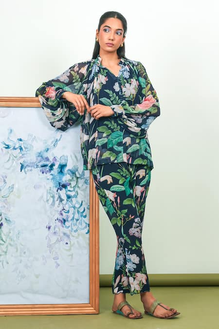 Sage Saga Blue Chiffon, Crepe V-neck Floral Print Shirt With Pant 