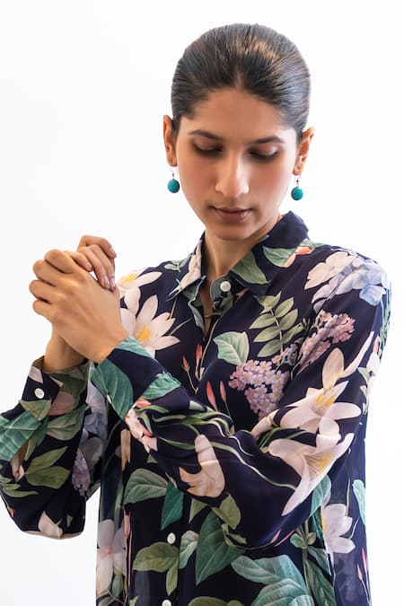 Buy_Sage Saga_Blue Crepe Collared Flower Print Shirt With Pant _Online_at_Aza_Fashions