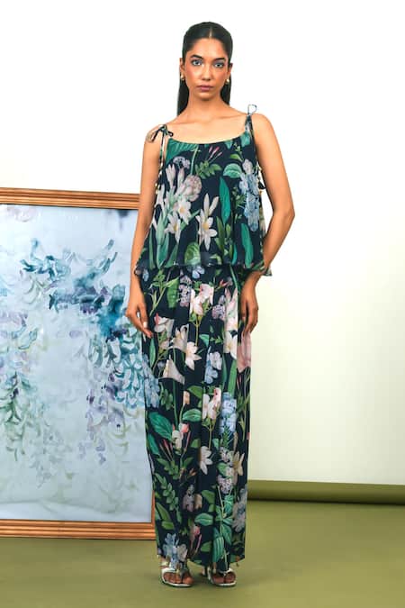Sage Saga_Blue Silk, Chiffon, Crepe Tassels Scoop Neck Floral Print Top And Dhoti Skirt Set _Online_at_Aza_Fashions