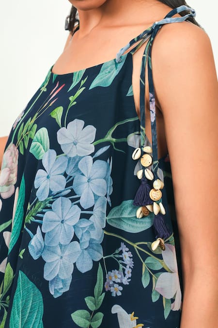 Buy_Sage Saga_Blue Silk, Chiffon, Crepe Tassels Scoop Neck Floral Print Top And Dhoti Skirt Set _Online_at_Aza_Fashions