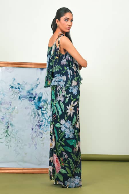 Sage Saga_Blue Silk, Chiffon, Crepe Tassels Scoop Neck Floral Print Top And Dhoti Skirt Set _at_Aza_Fashions