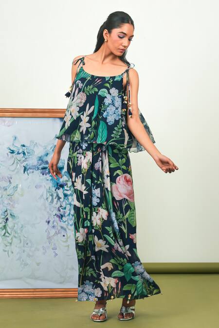 Buy_Sage Saga_Blue Silk, Chiffon, Crepe Tassels Scoop Neck Floral Print Top And Dhoti Skirt Set 