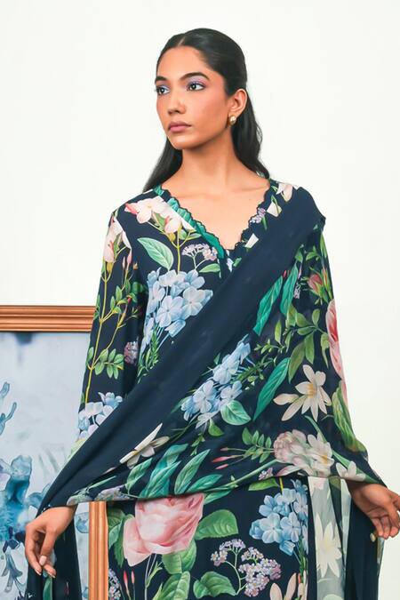 Shop_Sage Saga_Blue Crepe, Chiffon V-neck Floral Print Kurta Pant Set _Online_at_Aza_Fashions