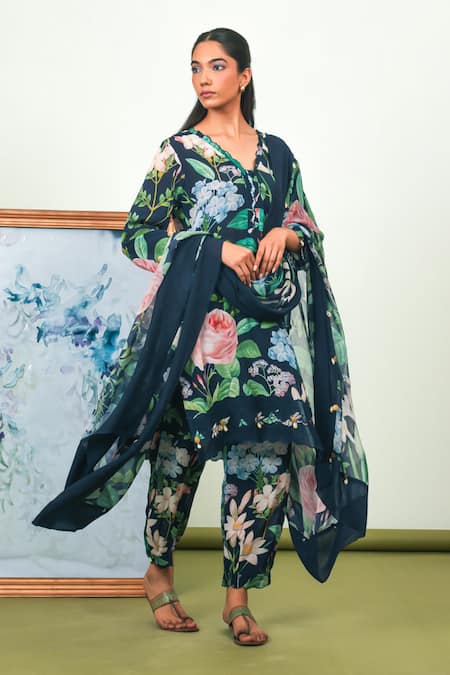 Sage Saga_Blue Crepe, Chiffon V-neck Floral Print Kurta Pant Set _at_Aza_Fashions