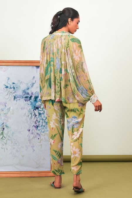 Sage Saga Zinnia Chiffon Printed Shirt With Pant 