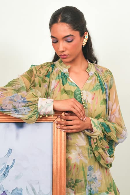 Buy_Sage Saga_Green Chiffon, Crepe Round Neck Zinnia Printed Shirt With Pant _Online_at_Aza_Fashions