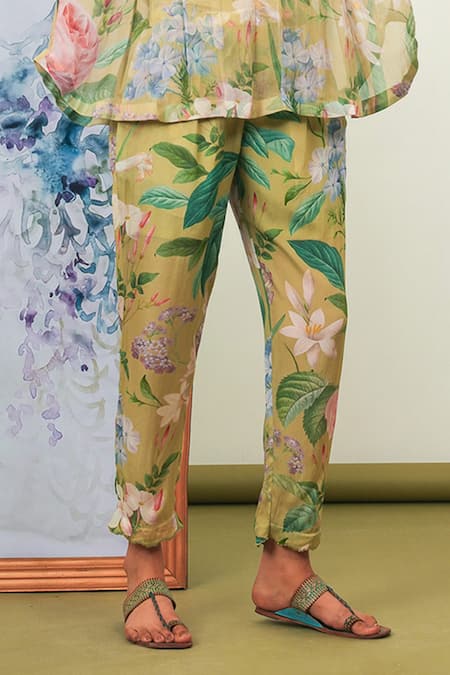 Sage Saga_Green Chiffon, Crepe Round Neck Zinnia Printed Shirt With Pant _at_Aza_Fashions