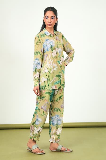 Sage Saga_Green Crepe Collared Zinnia Floral Print Shirt And Pant Set _Online_at_Aza_Fashions