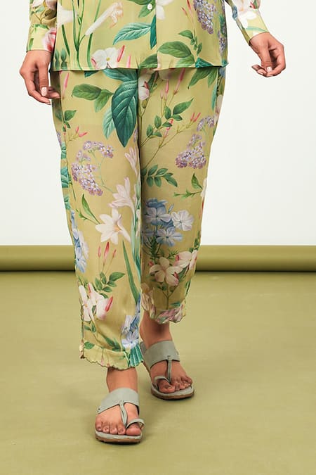 Buy_Sage Saga_Green Crepe Collared Zinnia Floral Print Shirt And Pant Set _Online_at_Aza_Fashions
