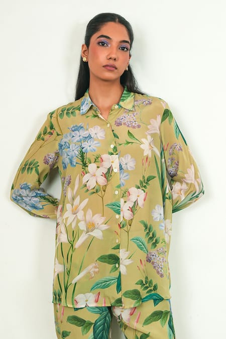 Shop_Sage Saga_Green Crepe Collared Zinnia Floral Print Shirt And Pant Set _Online_at_Aza_Fashions