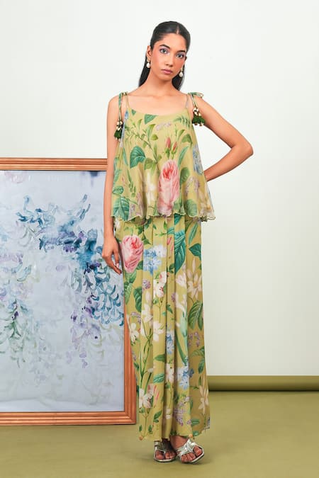 Sage Saga Green Chiffon, Crepe Scoop Neck Zinnia Floral Print Top With Dhoti Skirt 