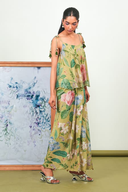 Sage Saga_Green Chiffon, Crepe Scoop Neck Zinnia Floral Print Top With Dhoti Skirt _Online_at_Aza_Fashions