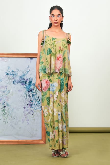 Shop_Sage Saga_Green Chiffon, Crepe Scoop Neck Zinnia Floral Print Top With Dhoti Skirt _Online_at_Aza_Fashions