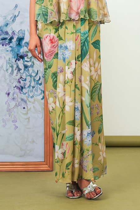 Sage Saga_Green Chiffon, Crepe Scoop Neck Zinnia Floral Print Top With Dhoti Skirt _at_Aza_Fashions