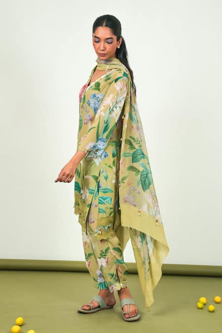 Sage Saga_Green Crepe, Chiffon Embroidery V-neck Zinnia Floral Print Kurta Set _Online_at_Aza_Fashions