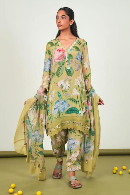 Sage Saga Green Crepe, Chiffon Embroidery V-neck Zinnia Floral Print Kurta Set 