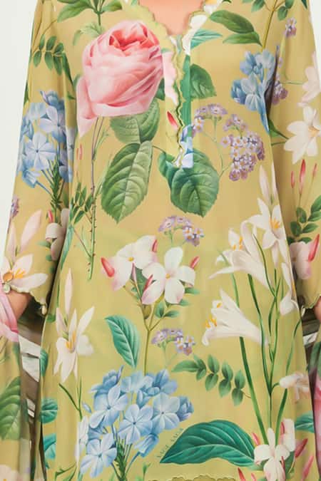 Sage Saga_Green Crepe, Chiffon Embroidery V-neck Zinnia Floral Print Kurta Set _at_Aza_Fashions