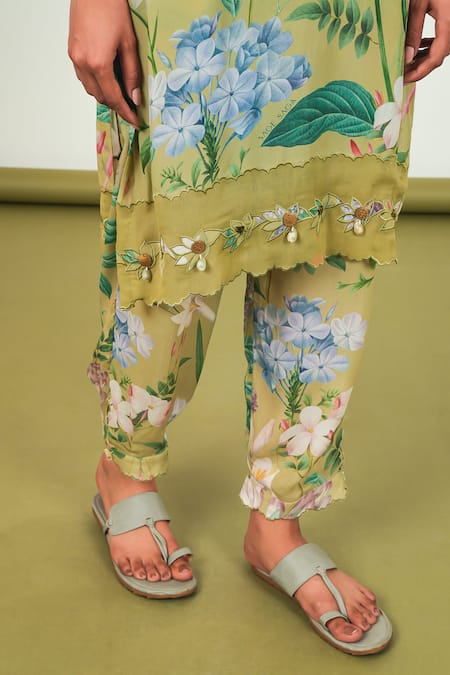 Shop_Sage Saga_Green Crepe, Chiffon Embroidery V-neck Zinnia Floral Print Kurta Set 