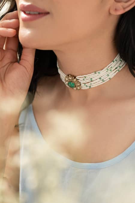 Buy Do Taara Green Polki Mint Choker Online at Aza Fashions Buy_Do Taara_Green Polki Mint Choker _Online_at_Aza_Fashions