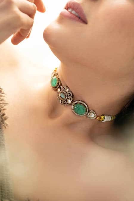 Do Taara_Gold Plated Floral Mint Polki Necklace _Online_at_Aza_Fashions