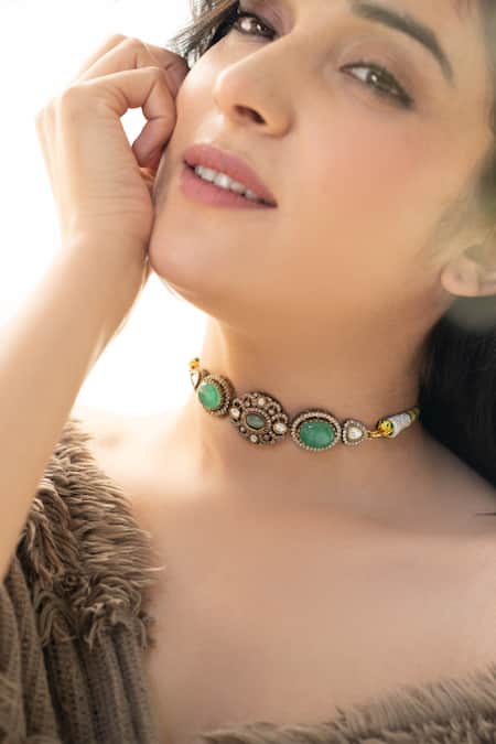 Buy_Do Taara_Gold Plated Floral Mint Polki Necklace _Online_at_Aza_Fashions