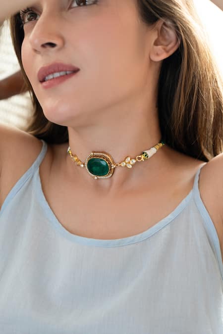 Do Taara_Green Kundan Choker Necklace _Online_at_Aza_Fashions